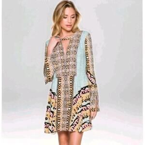 Free People Tegan Border Boho Mini Dress Floral Tunic Flowy Fairy Pockets Blue 4